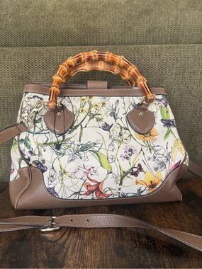 Gucci Floral Canvas Satchel with Bamboo Handles - Brown